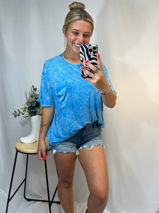Oversized sky blue t-shirt with slouchy pocket and mineral wash finish