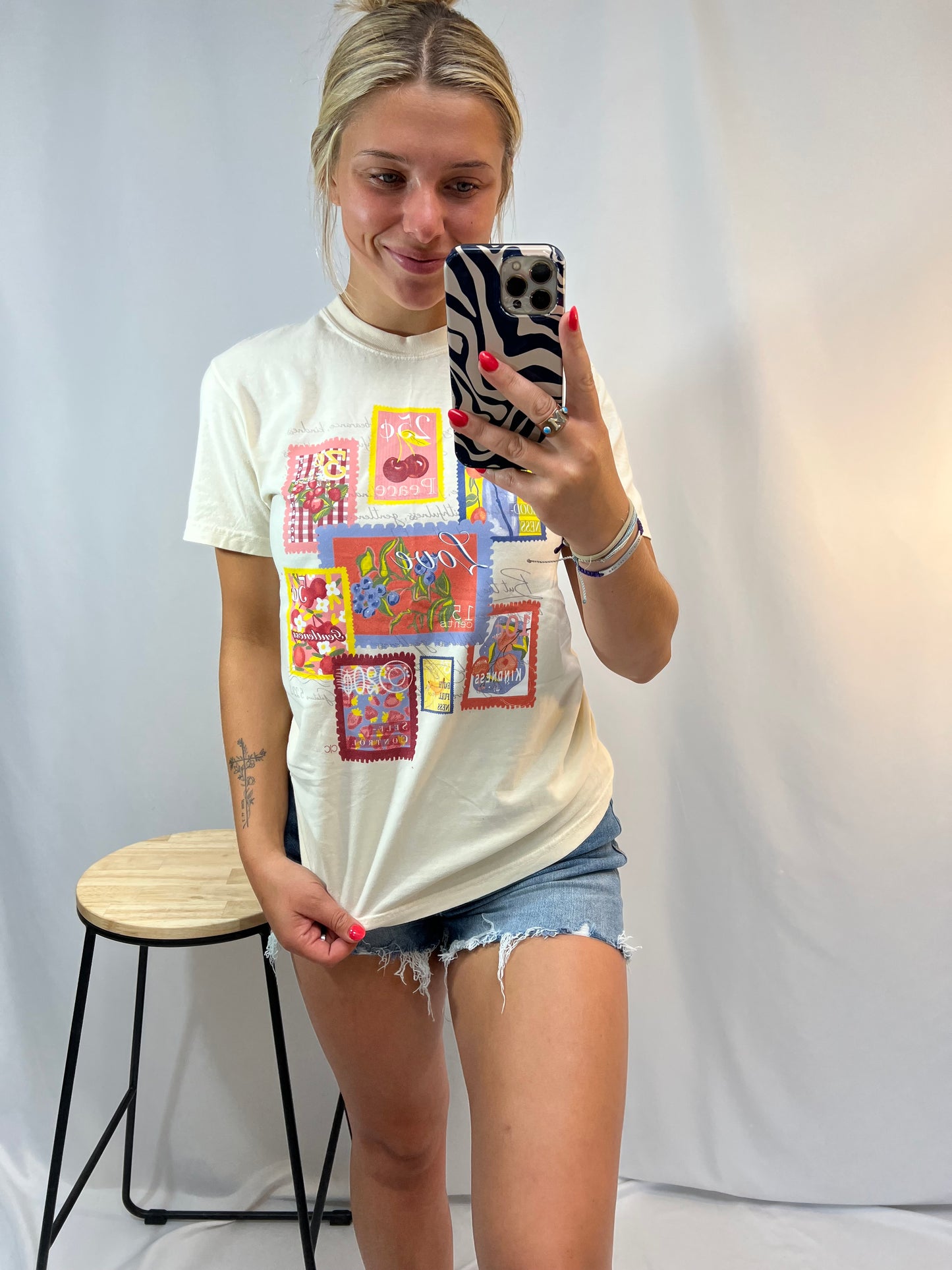 Close-up of Fruit of the Spirit Christian t-shirt design – hand-drawn stamps illustrating Galatians 5:22-23, perfect cute faith-based tee for girls