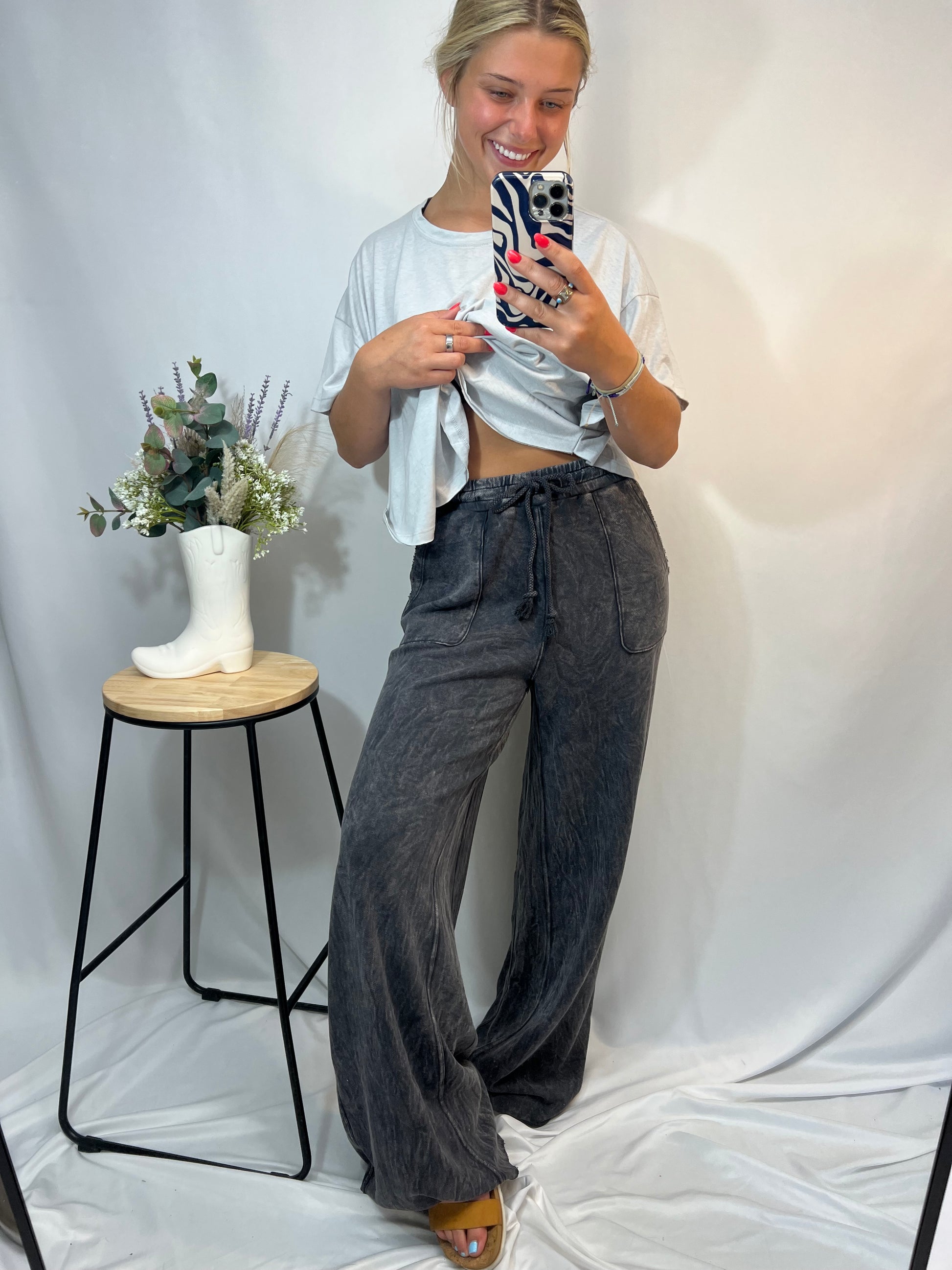 Washed charcoal wide leg lounge pants with drawstring and deep pockets – comfy casual girl outfit