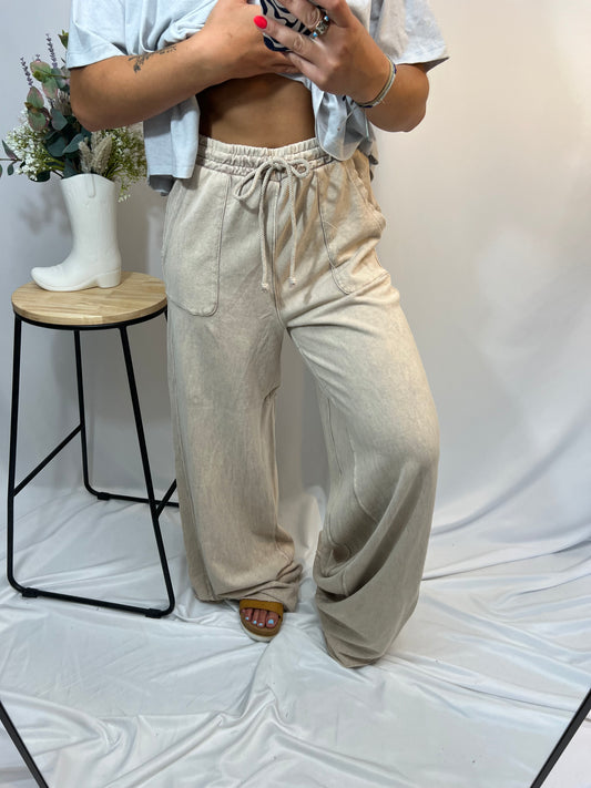 Wide leg mineral wash beige lounge pants with raw hem and drawstring waist – perfect for casual and comfy days