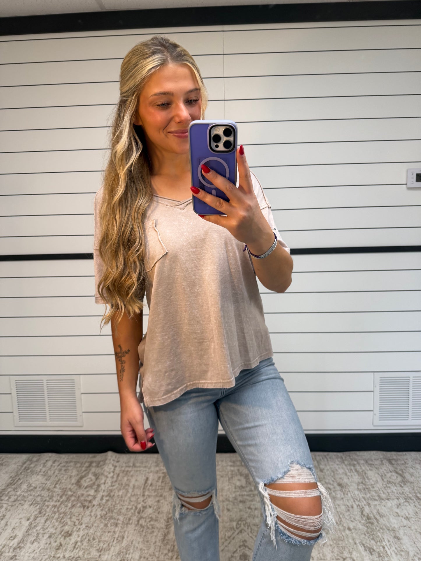 Blair Washed V-Neck Tee - Taupe
