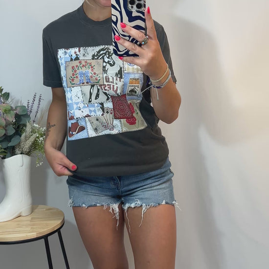 Video of Rodeo Patch Tee in Graphite shown in a full 360 mirror try-on — relaxed western graphic t-shirt outfit for summer.